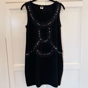 Nanette Lepore [M] Black Beaded Ruffle Wool & Silk Trim Mini Sweater Knit Dress